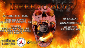 Poster advertising the Northern Ontario Raildroad Museum and Heritage Centre's Halloween event Inferno 6077 for October 2020