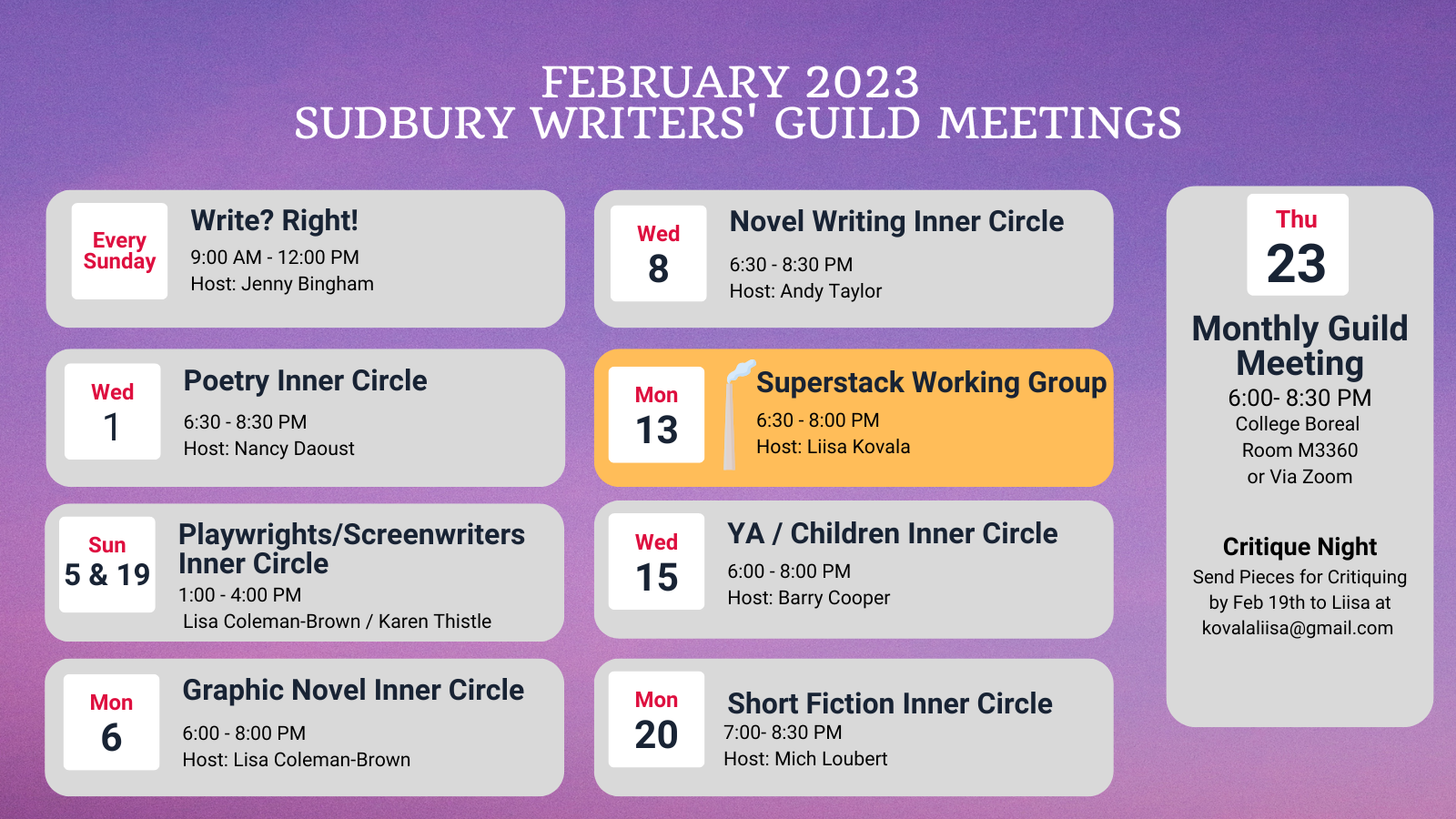 February 2023 Sudbury Writers’ Guild Meetings